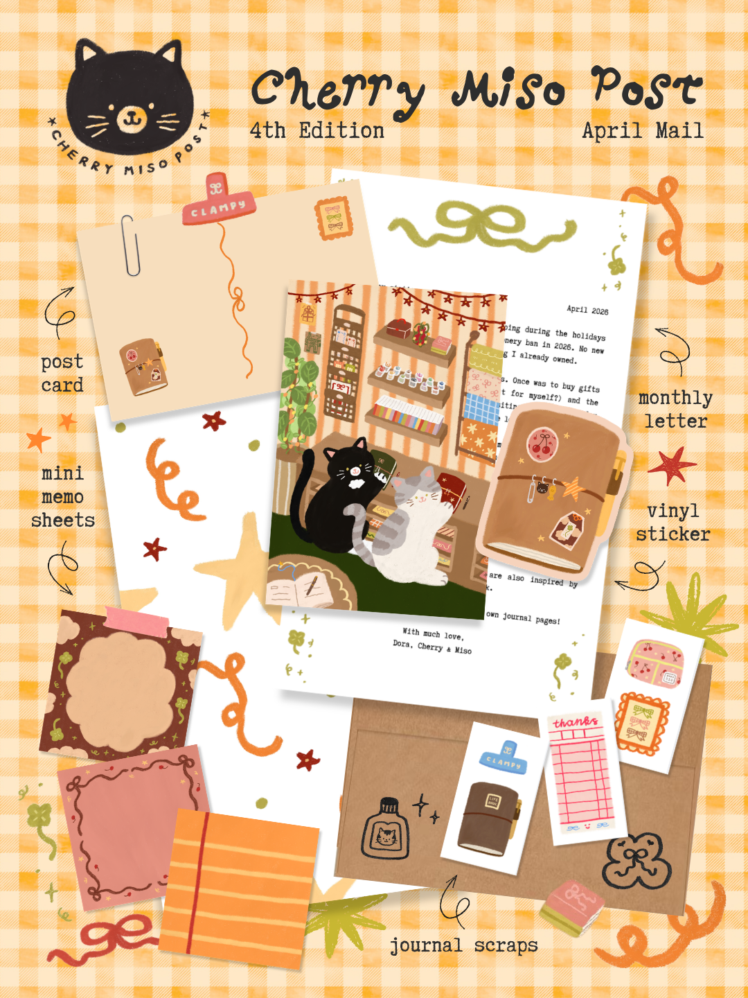 Preview of the April edition of Cherry Miso Post featuring a stationery shop postcard, mini memo sheets, monthly letter, journal scraps, and a journal sticker featuring cute cat artwork and warm colors.