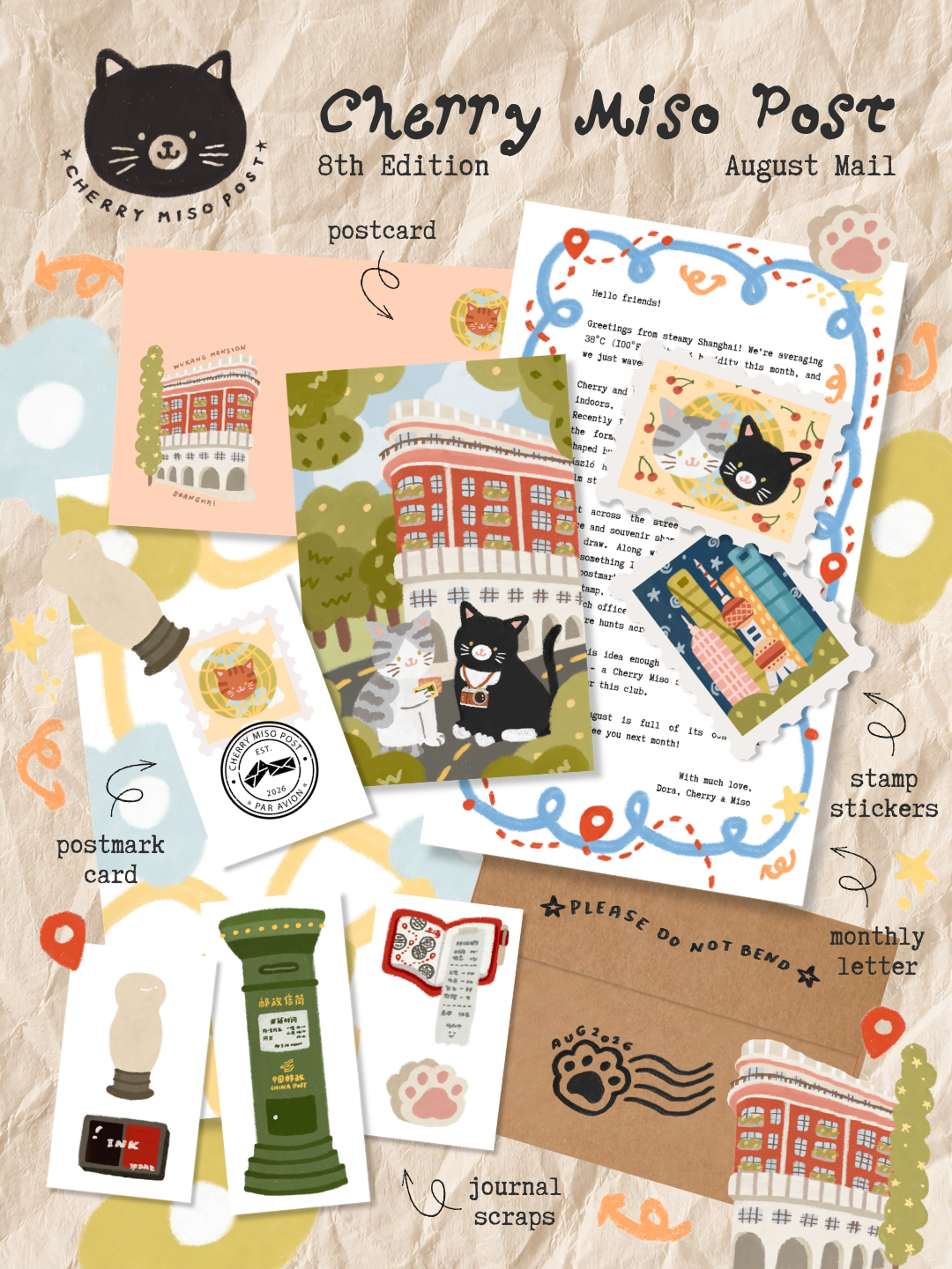 A preview collage of cat and post office-themed stationery items, including a letter, postcard, stamp stickers, postmark card, paper scraps, and an envelope.