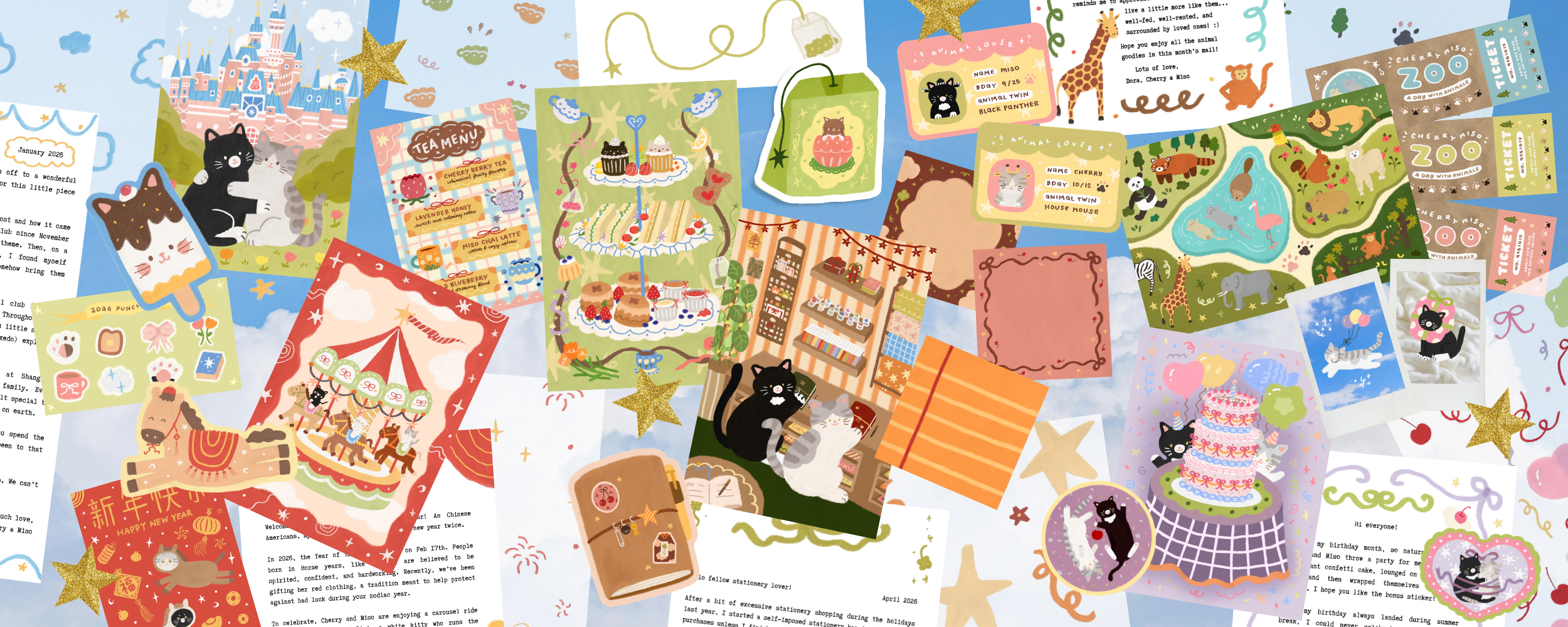 Collage of various stationery items from the first six months of Cherry Miso Post, including decorative letters, postcard, and stickers.