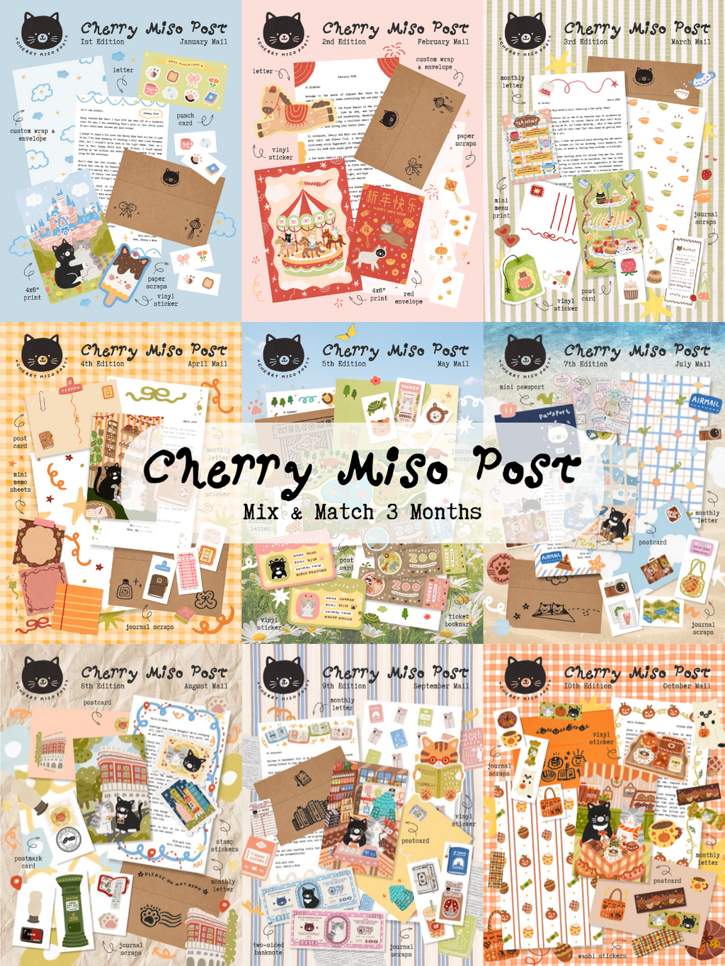 Collage showing 9 editions of Cherry Miso Post, featuring colorful postcards, stationery, vinyl stickers, paper scraps, and monthly letters with whimsical illustrations and custom envelopes, with the text "Cherry Miso Post - Mix & Match 3 Months"