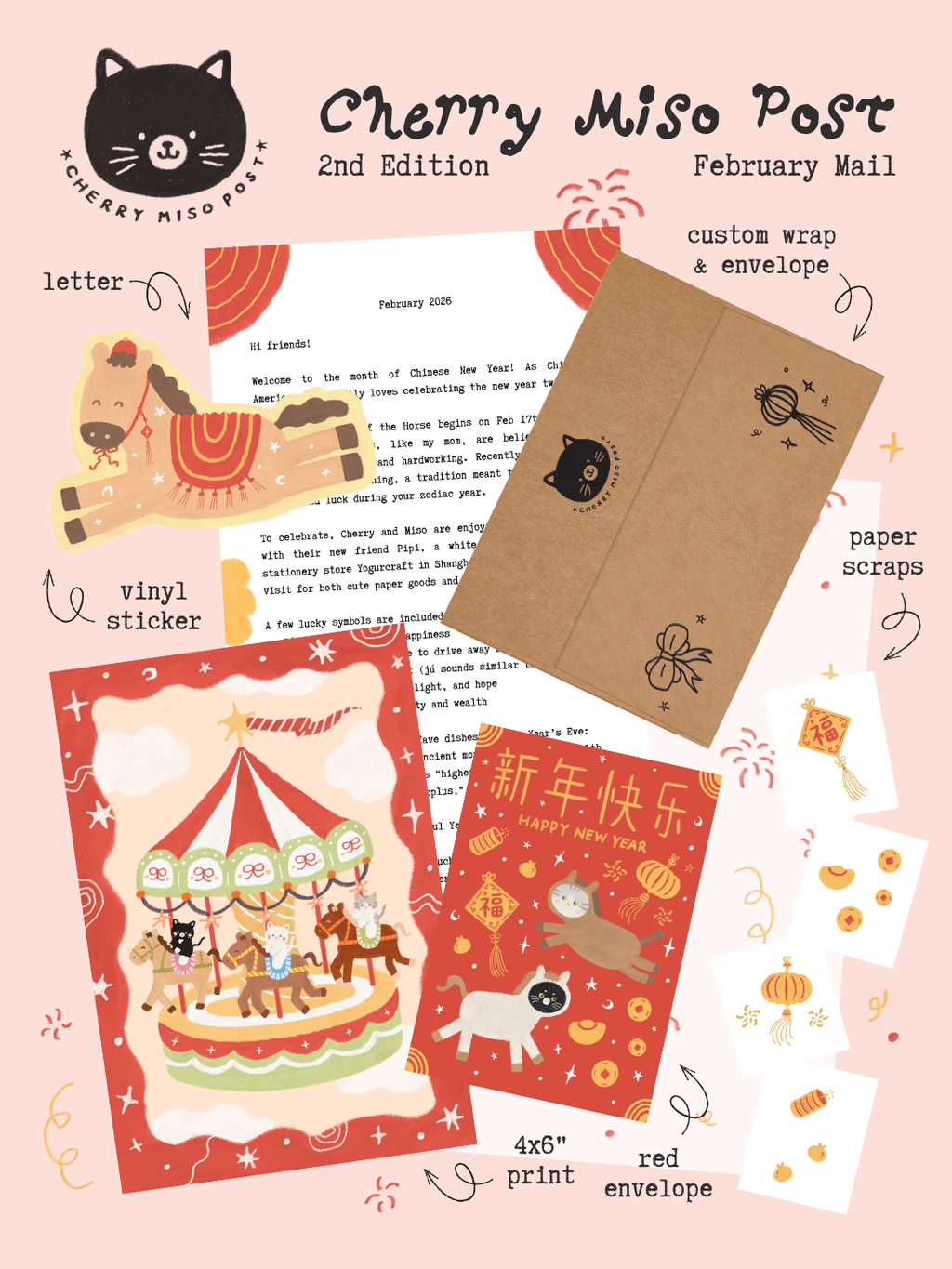 Preview of February mail including a letter, custom brown envelope with black cat seal, vinyl horse sticker, red envelope with festive cat design, paper scraps, and a colorful 4x6 inch carousel print, all on top of a light pink background.