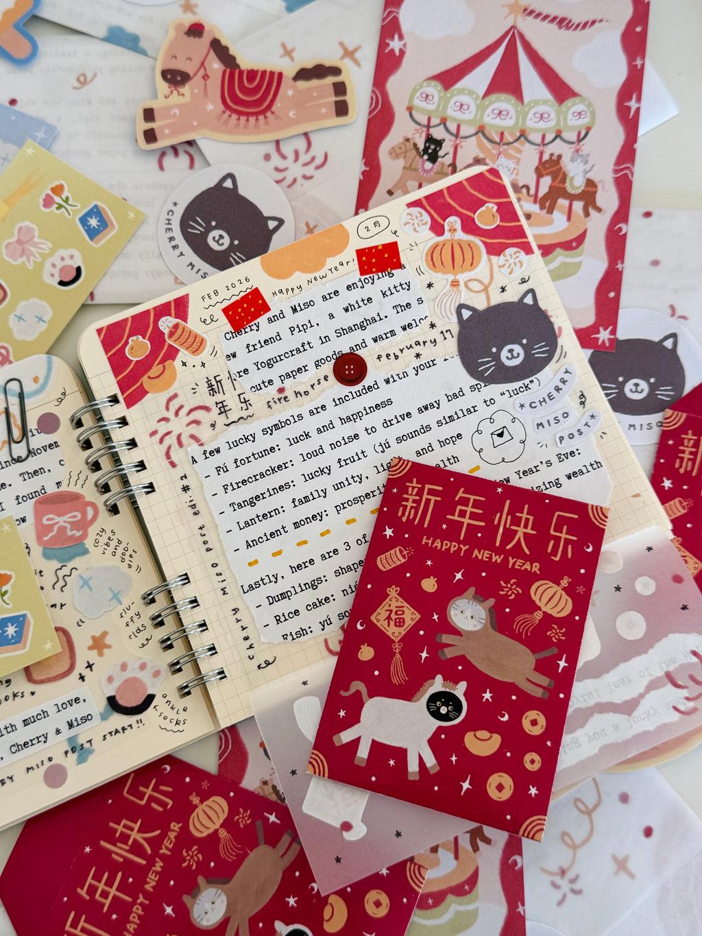 Flat lay of a journal spread created with items from the February edition of Cherry Miso Post, including stickers and a decorative letter.