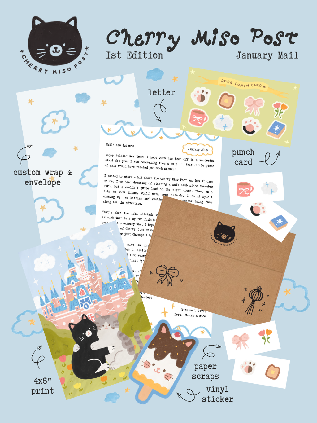 Graphic featuring a custom wrap and envelope, a letter, a punch card, a 4x6 inch postcard with cats in front of a fairy tale castle, paper scraps, and vinyl stickers, all on top of a light blue background.