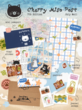 A preview collage of cat and travel-themed stationery products including a letter, postcard, paper passport, sticker, paper scraps, and an envelope, positioned on top of a beach background.