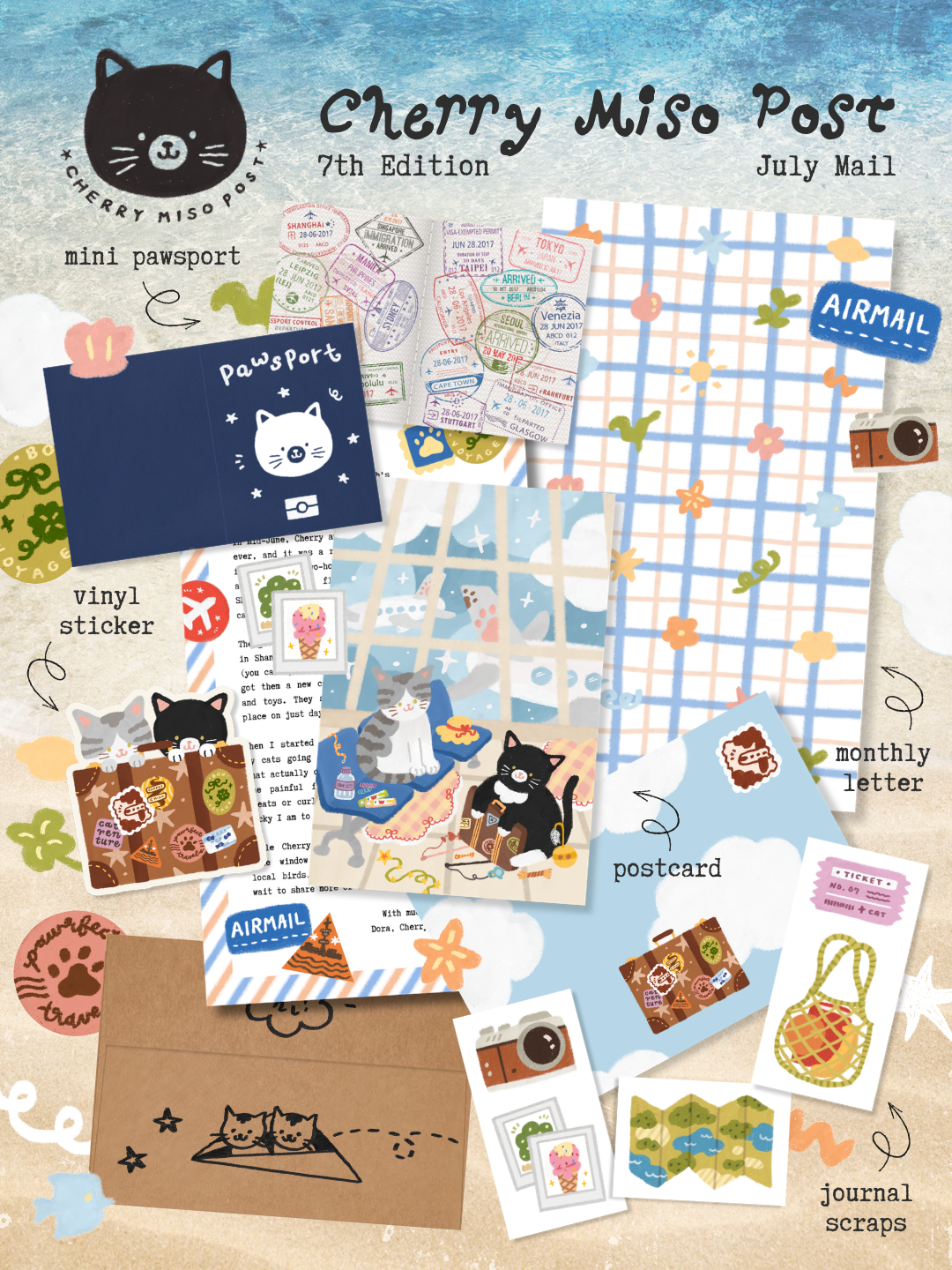 A preview collage of cat and travel-themed stationery products including a letter, postcard, paper passport, sticker, paper scraps, and an envelope, positioned on top of a beach background.