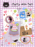 A preview flatlay of a letter with balloon illustrations, a postcard with two cats behind a 3-tier cake on  table, two stickers featuring cats, and two polaroid designs, all with a light purple birthday theme.