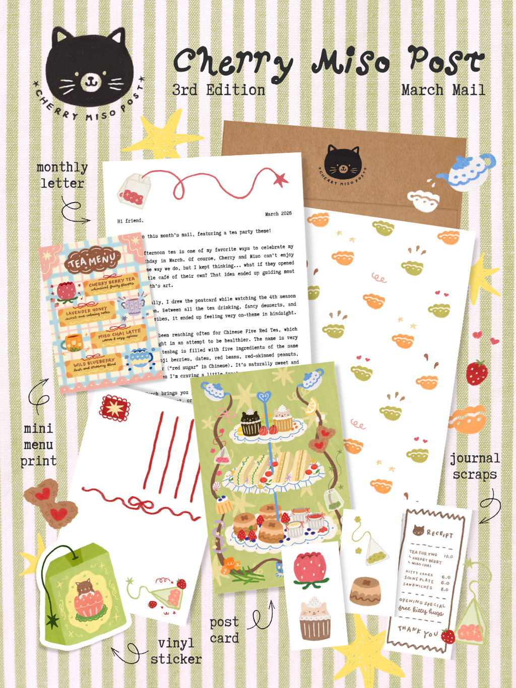 Preview of the March edition of Cherry Miso Post featuring a monthly letter, afternoon tea postcard, mini menu print, vinyl teabag sticker, journal scraps, and an envelope with cute, all on top of a green striped background.