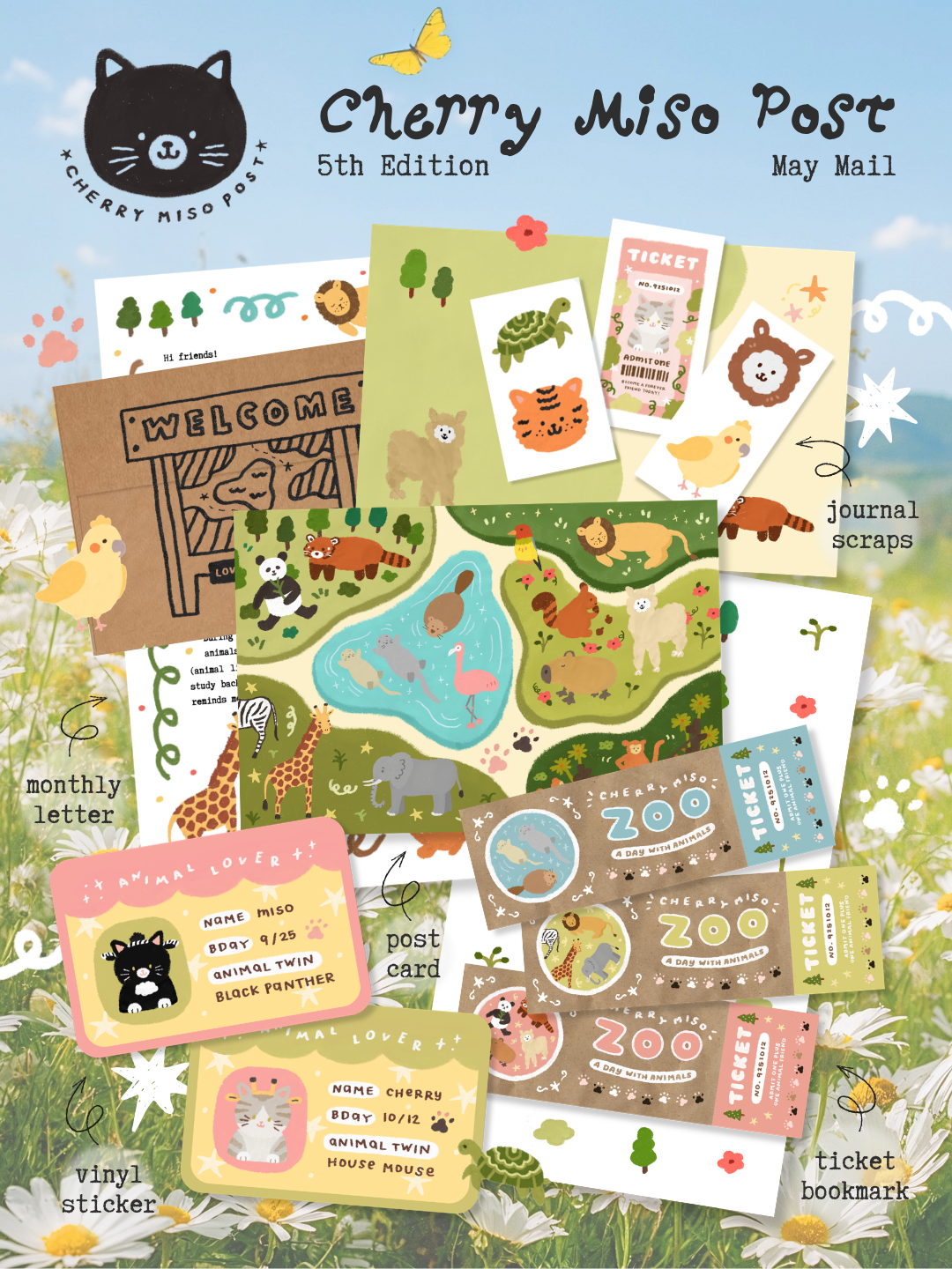Preview of the May edition of Cherry Miso Post featuring zoo animal designs on a postcard, journal scraps, vinyl sticker, and monthly letter, all on top of a background image of a blue sky and field of flowers.