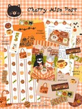 A preview collage of cat and fall-themed stationery items, including a letter, postcard, sticker, washi stickers, paper scraps, and an envelope.