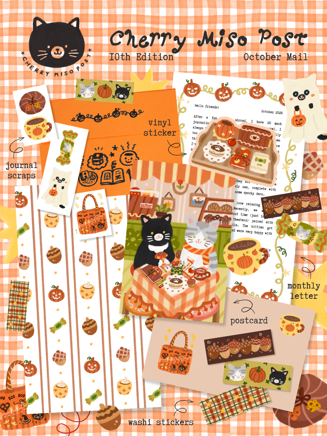 A preview collage of cat and fall-themed stationery items, including a letter, postcard, sticker, washi stickers, paper scraps, and an envelope.