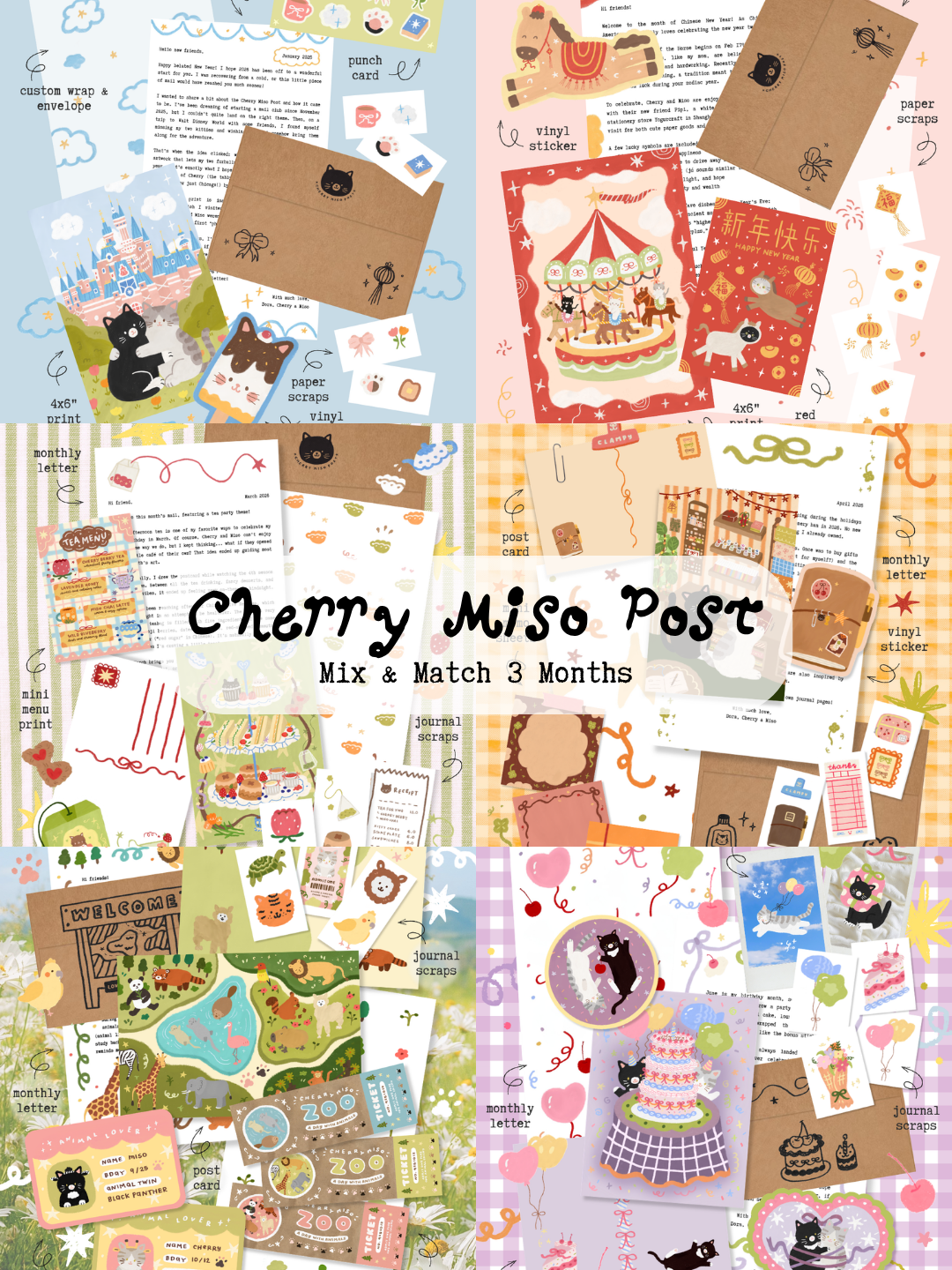 Collage showing 6 editions of Cherry Miso Post, featuring colorful postcards, stationery, vinyl stickers, paper scraps, and monthly letters with whimsical illustrations and custom envelopes, with the text "Cherry Miso Post - Mix & Match 3 Months"