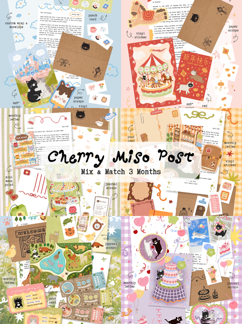 Collage showing 6 editions of Cherry Miso Post, featuring colorful postcards, stationery, vinyl stickers, paper scraps, and monthly letters with whimsical illustrations and custom envelopes, with the text "Cherry Miso Post - Mix & Match 3 Months"