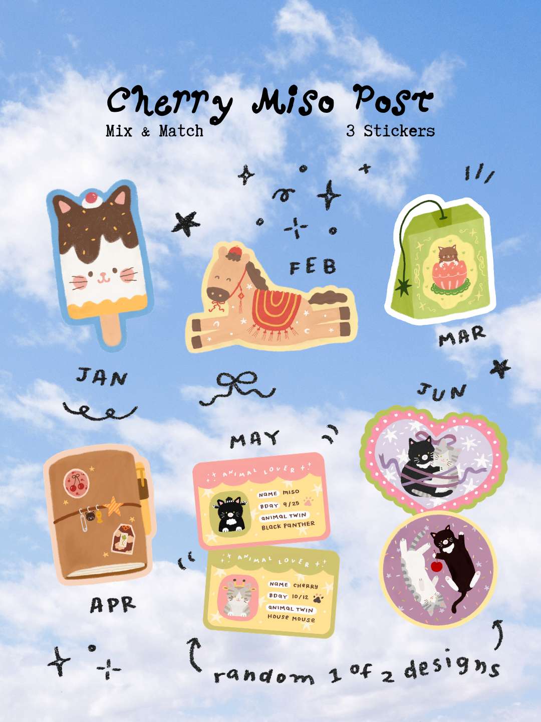 Showcase of 6 months of Cherry Miso Post stickers featuring cute, whimsical animal and object designs with playful handwritten month labels on a blue sky background.