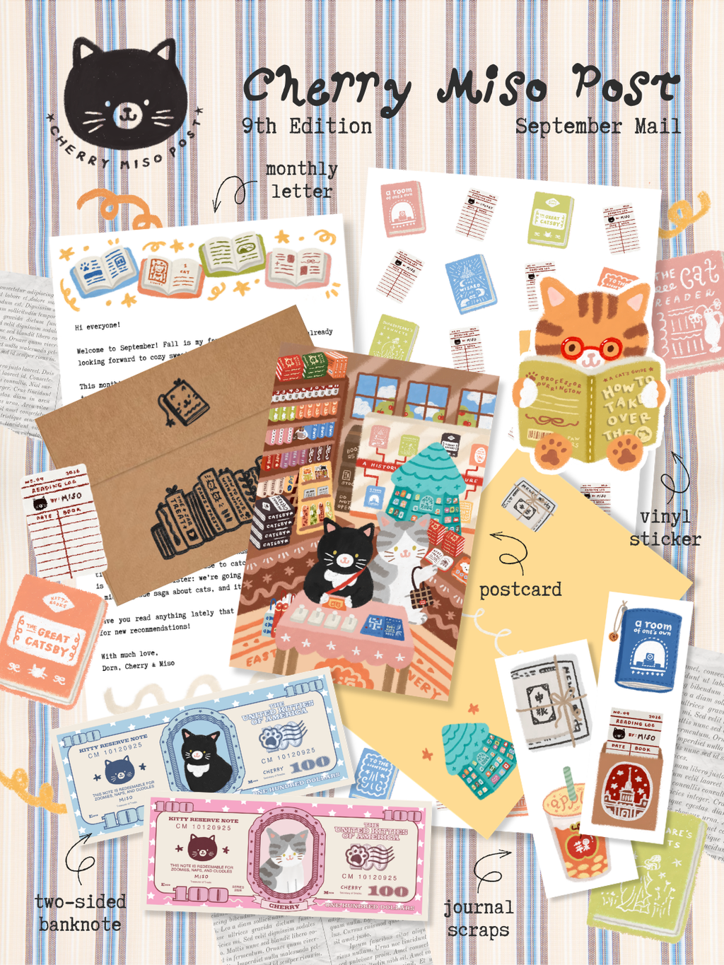 A preview collage of cat and book-themed stationery items, including a letter, postcard, sticker, paper money, paper scraps, and an envelope.